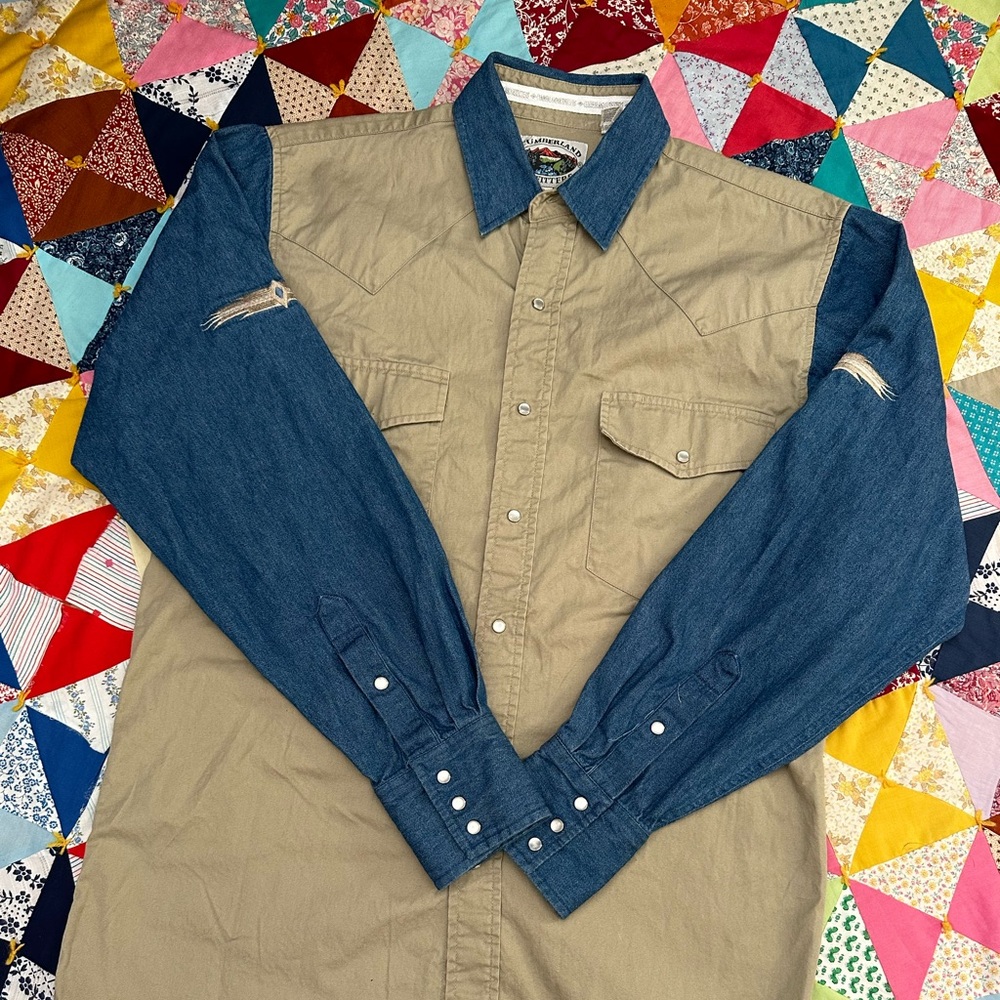 Men's Tan and Blue pearlsnap